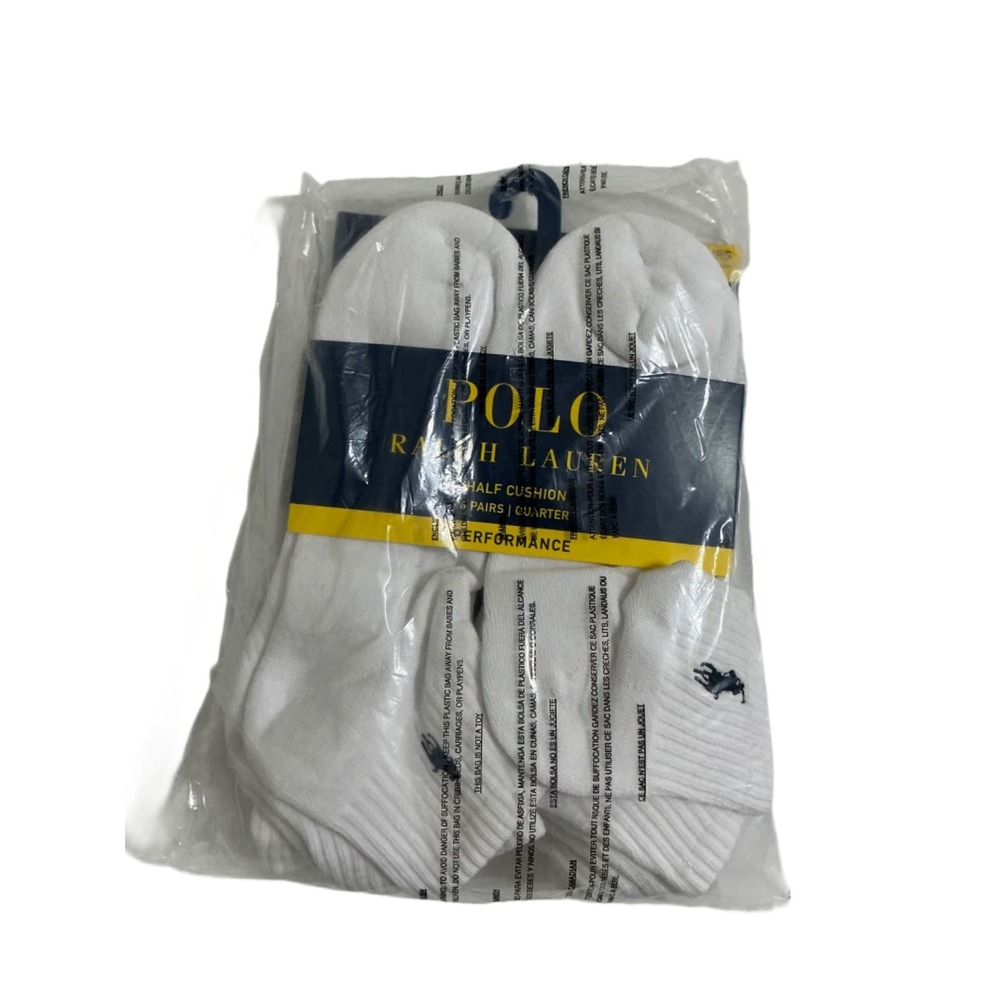 Polo Ralph Lauren Men's Quarter Socks 6 Pair White Half Cushion Performance 10-1